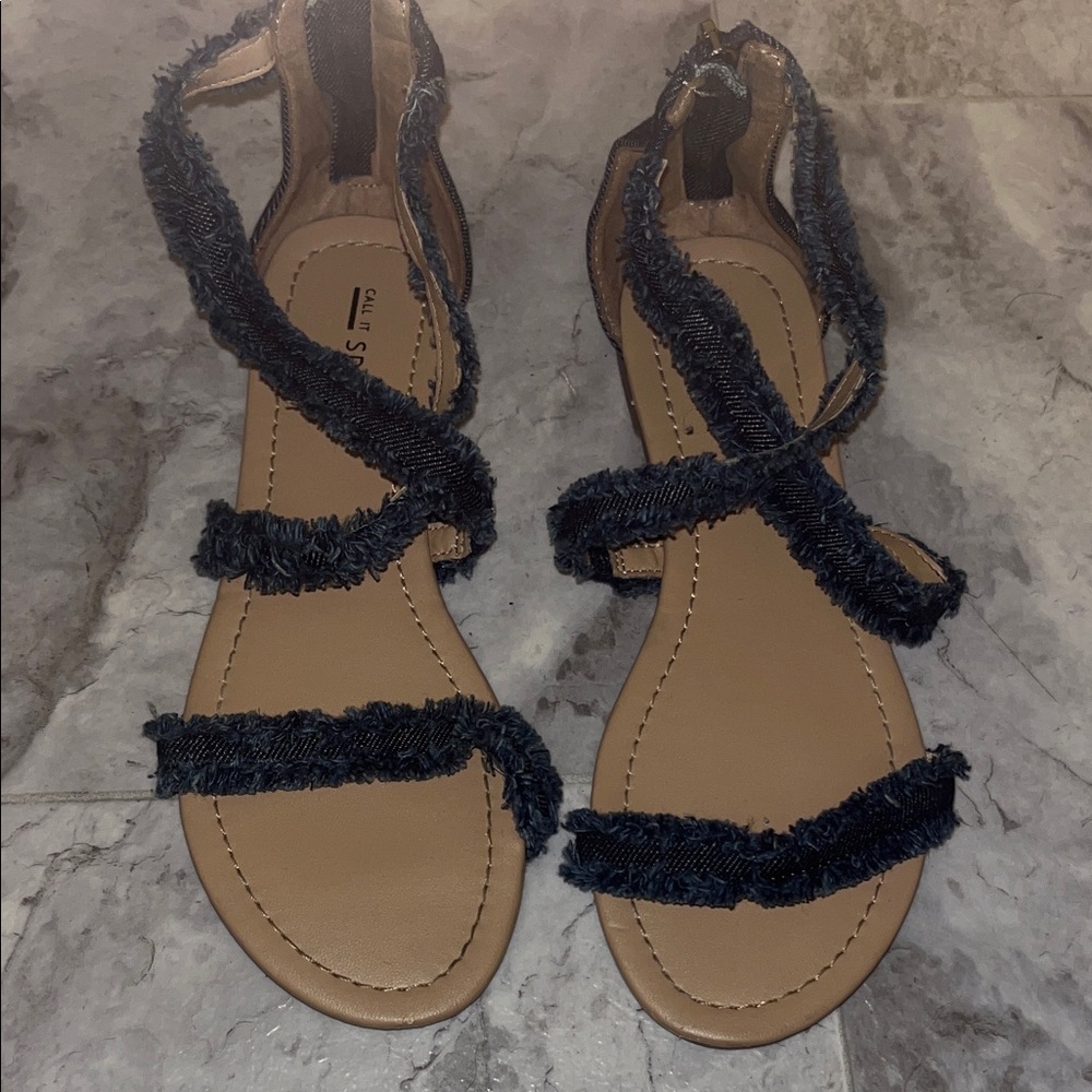 Soda Denim and Tan Strappy Sandals